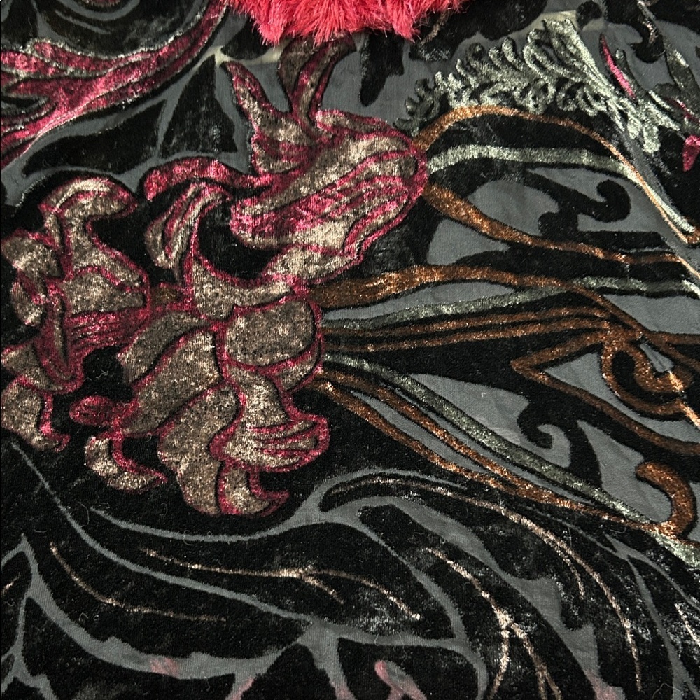 Vintage Black Burgundy Silk Blend Burnout Velvet Poncho Faux Fur Trim OS Flawed - Picture 7 of 16